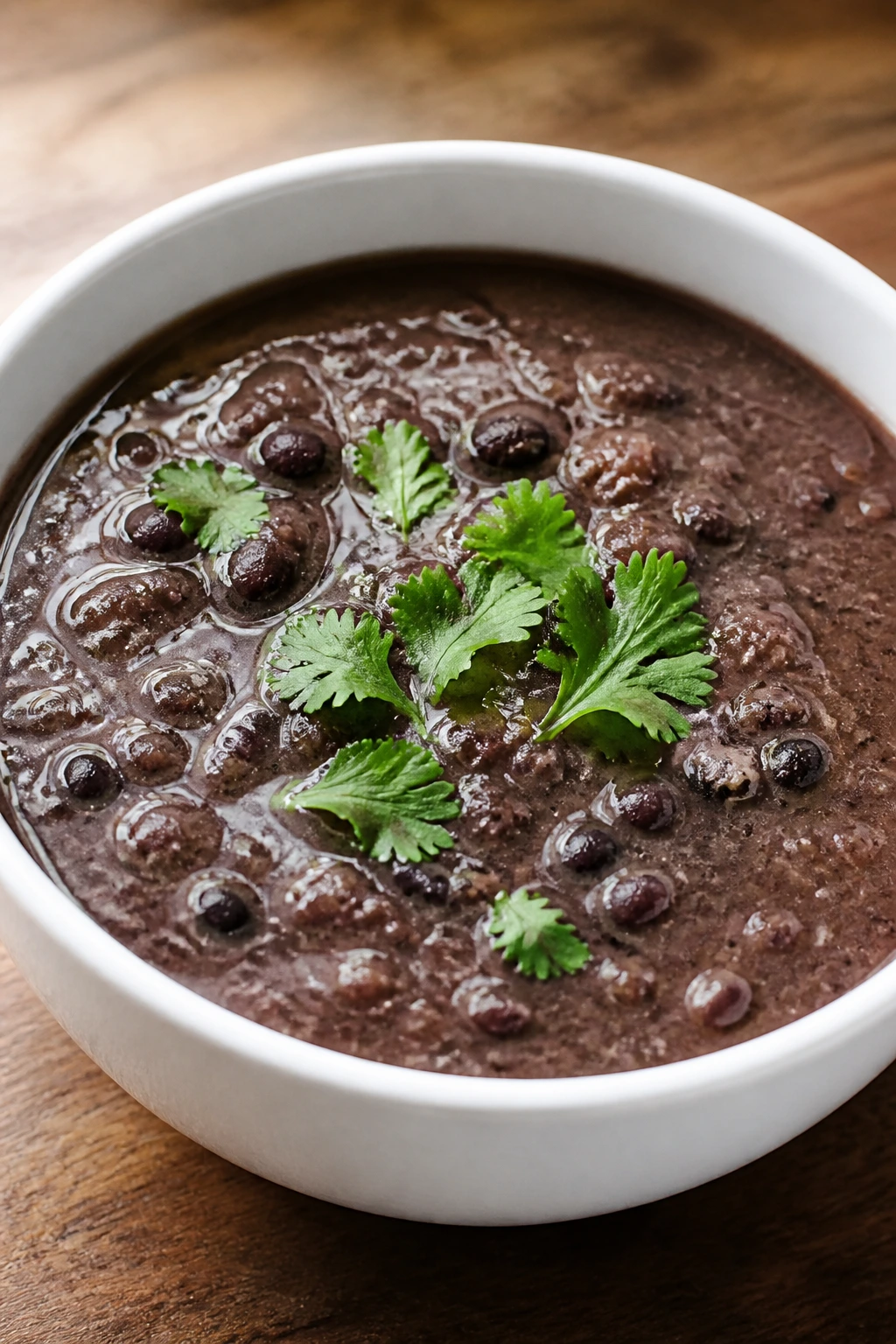 Thick black bean soup in a bowl with lime and cilantro garnish