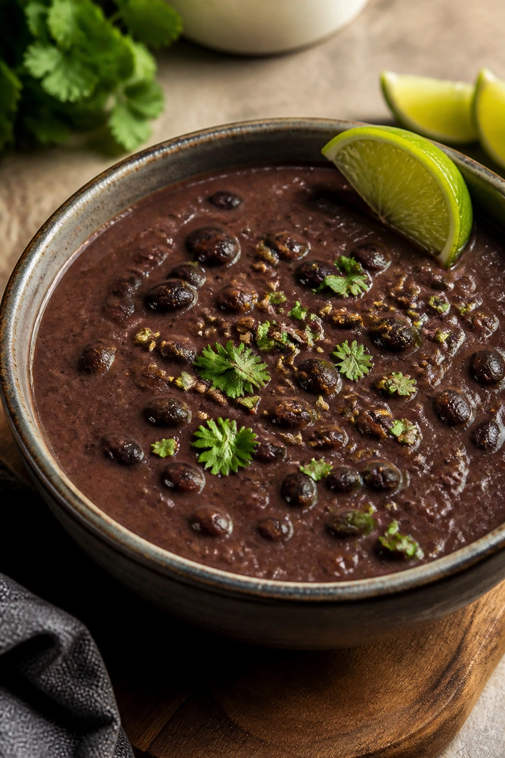 Close-up of velvety black bean soup with lime garnish in a deep bowl