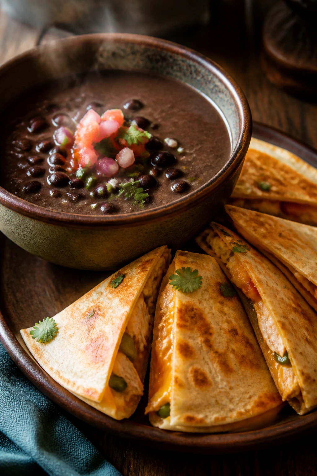 Black bean soup with chicken quesadilla wedges on a wooden table