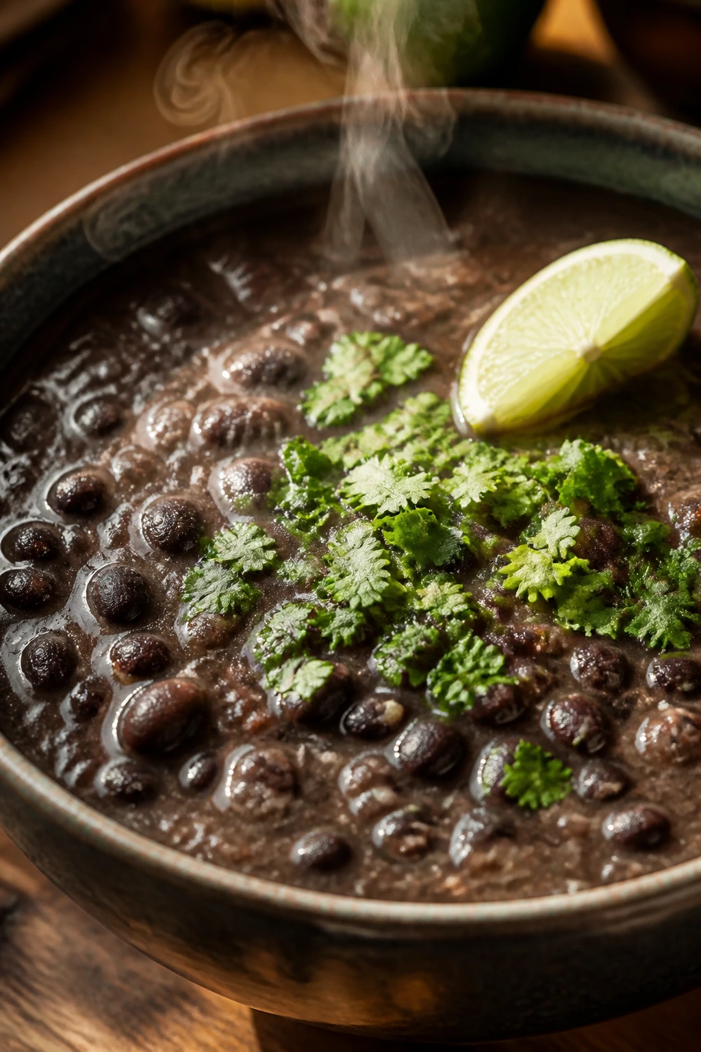 Close-up of glossy black bean soup in a bowl with cilantro and lime on a rustic kitchen counter