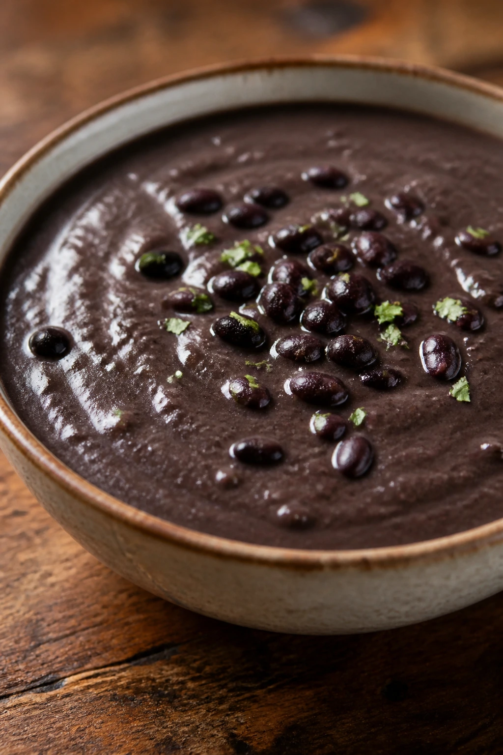 Thick black bean soup in a bowl