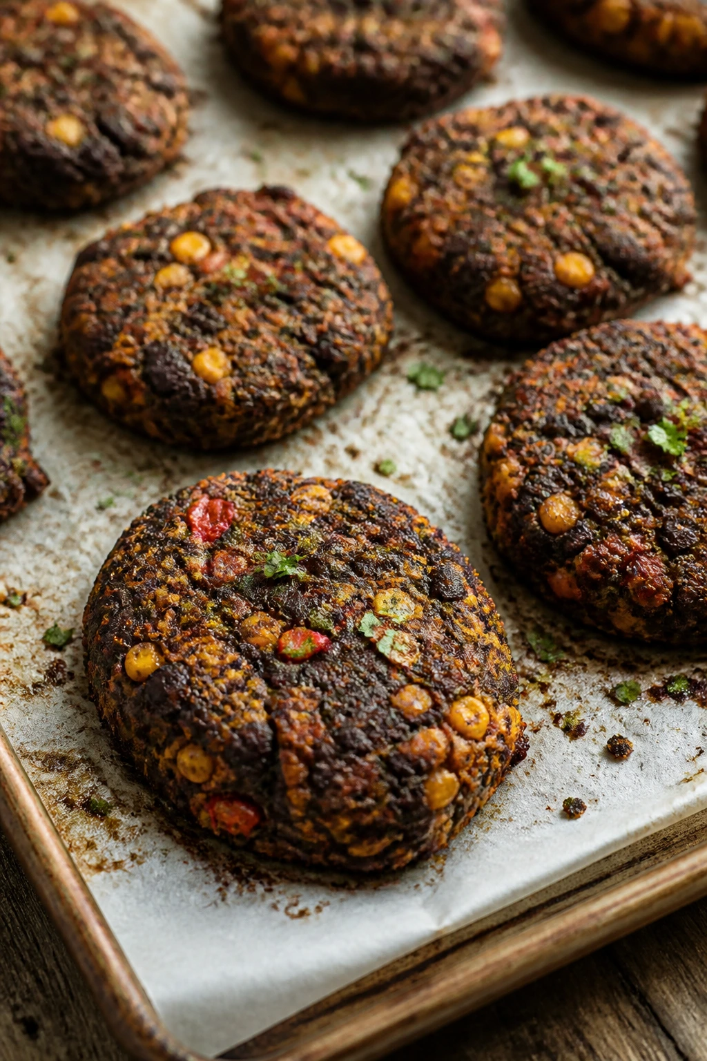 Close-up of black bean Southwest veggie nuggets on parchment