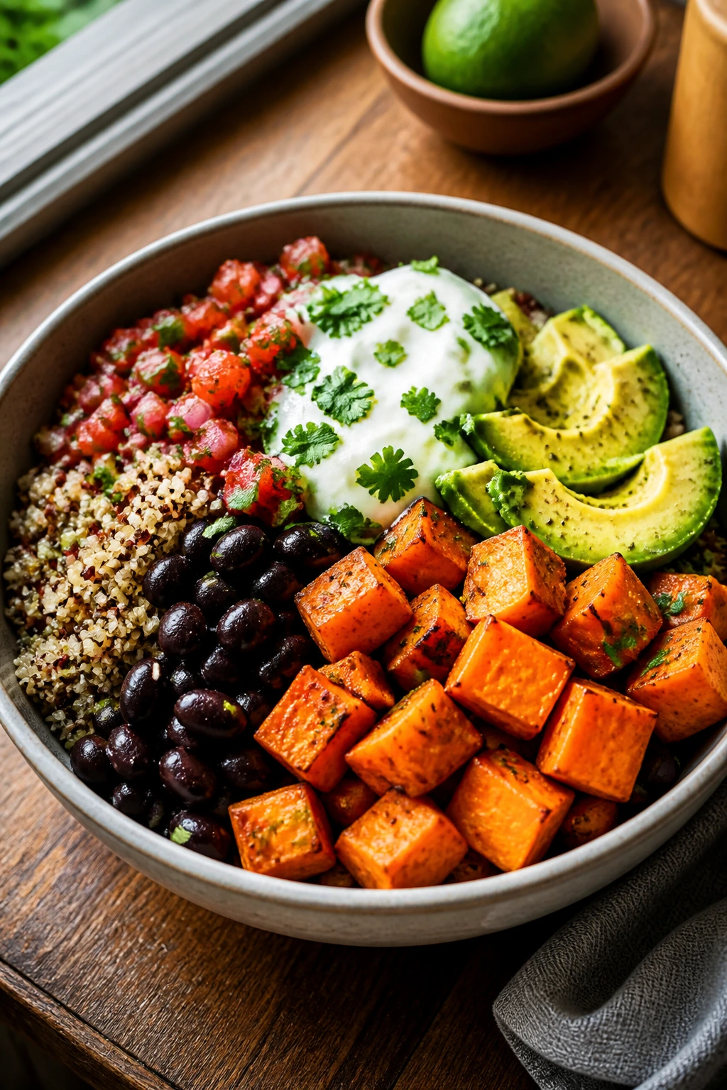 Colorful black bean and sweet potato bowl with quinoa and avocado