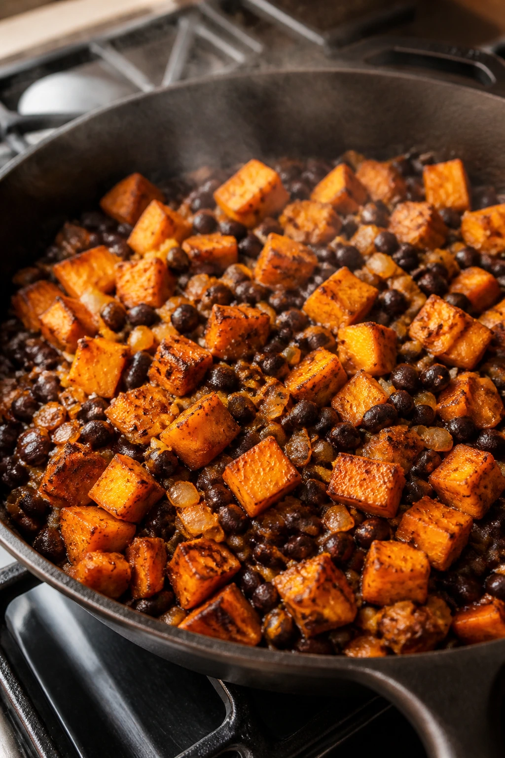 Close-up of Black Bean Sweet Potato Skillet in a kitchen