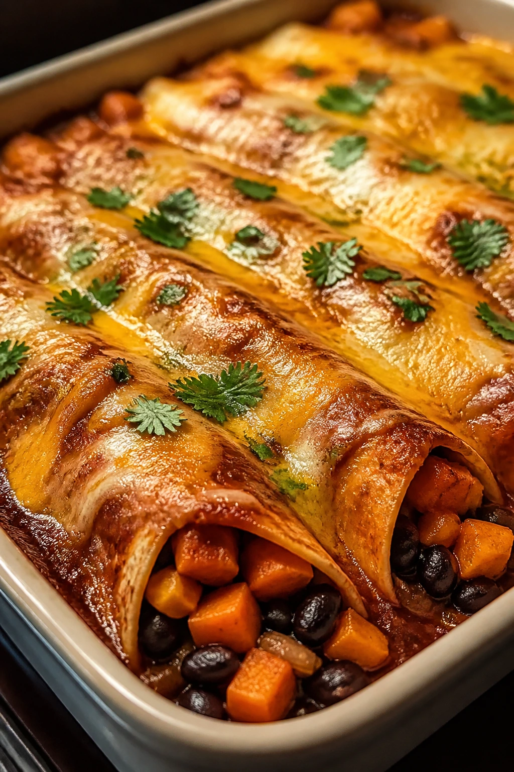 Enchiladas with black beans and sweet potatoes topped with cheese
