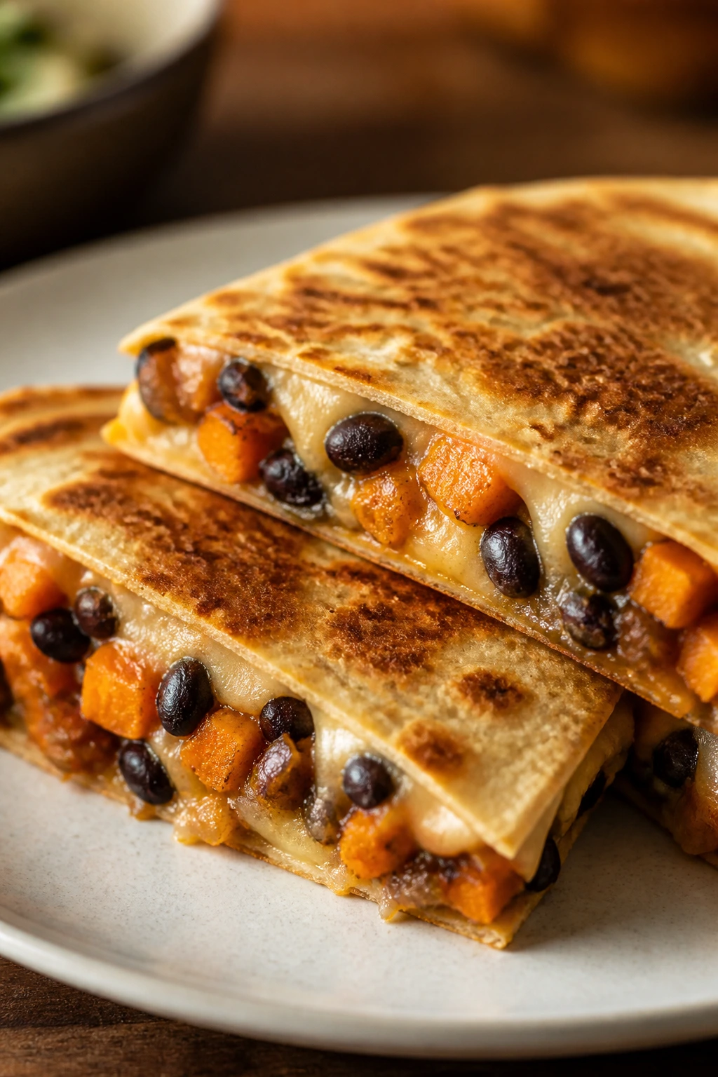 Quesadilla wedge with black beans and sweet potato filling