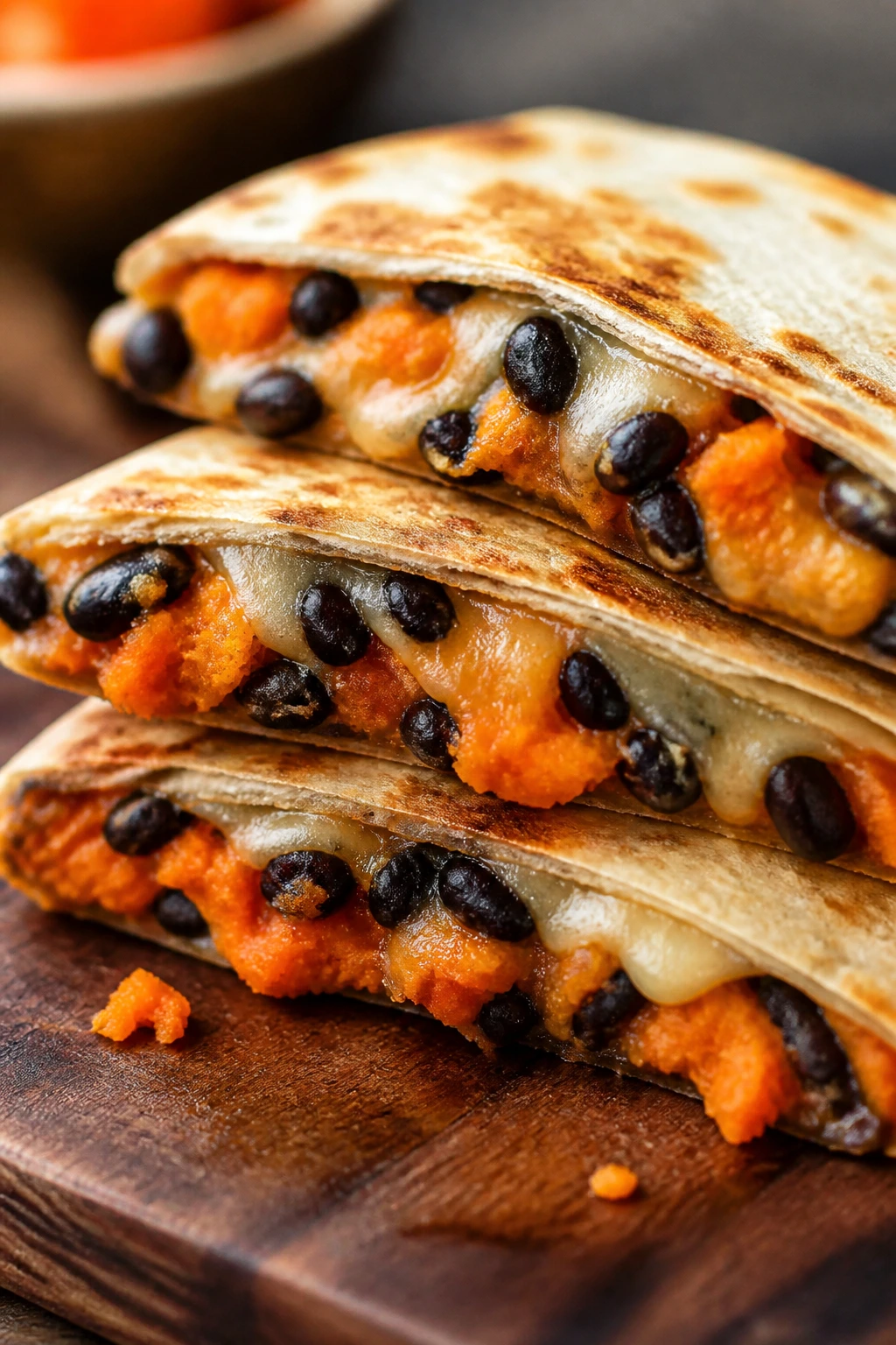 Close-up of crispy black bean and sweet potato quesadillas on wooden board