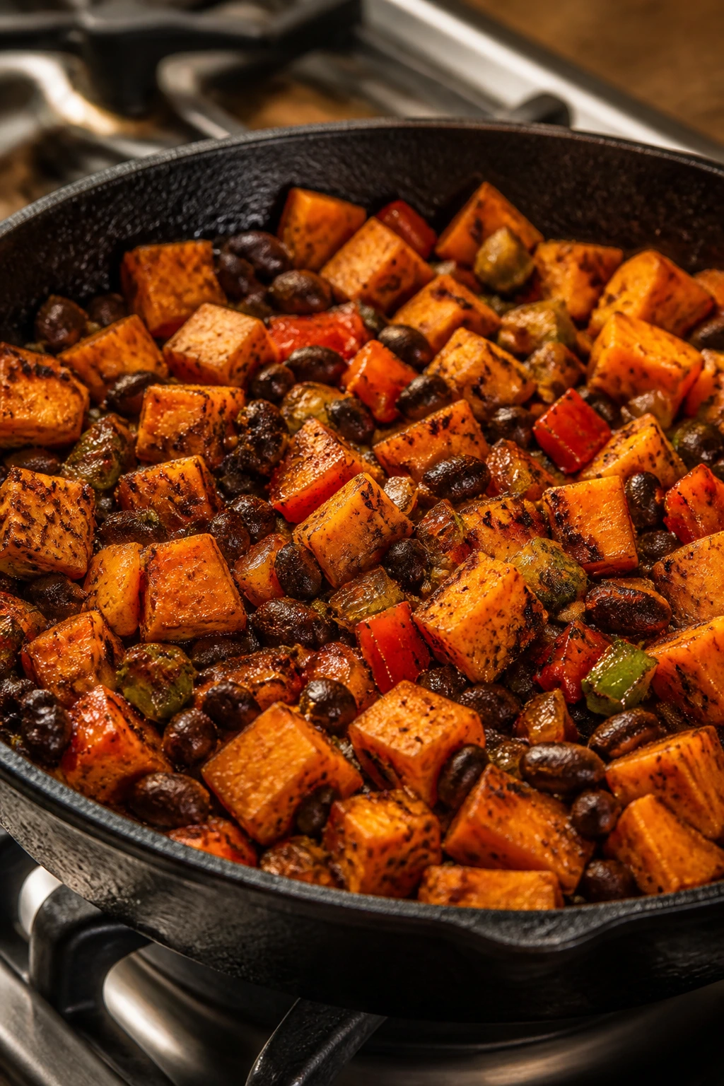 Close-up of black bean and sweet potato skillet on stove.