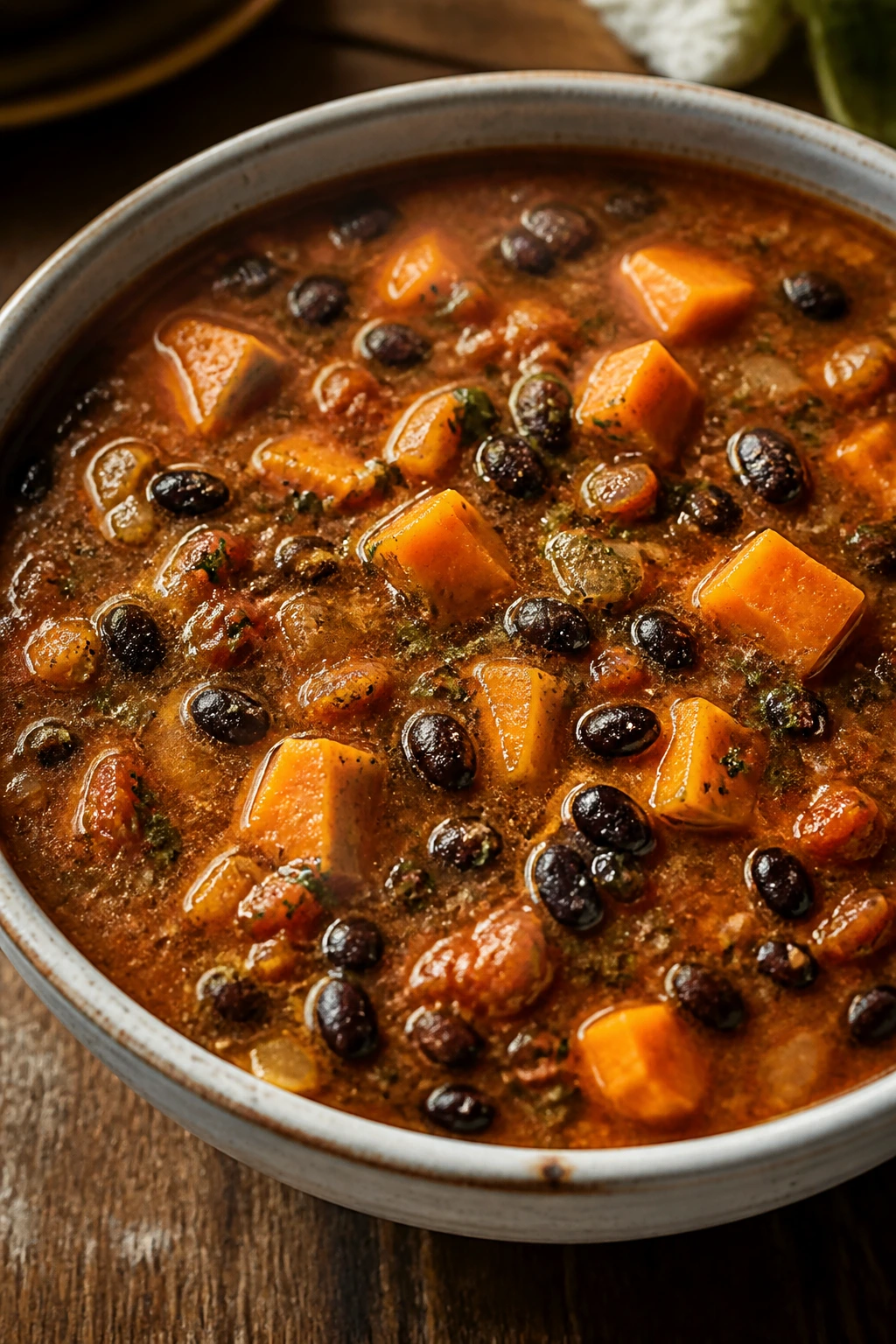 Close-up of black bean and sweet potato soup in a rustic kitchen