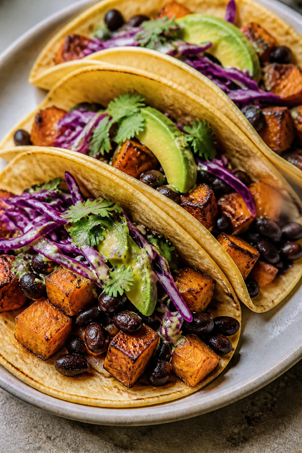 Close-up of black bean sweet potato tacos on plate with cabbage and avocado