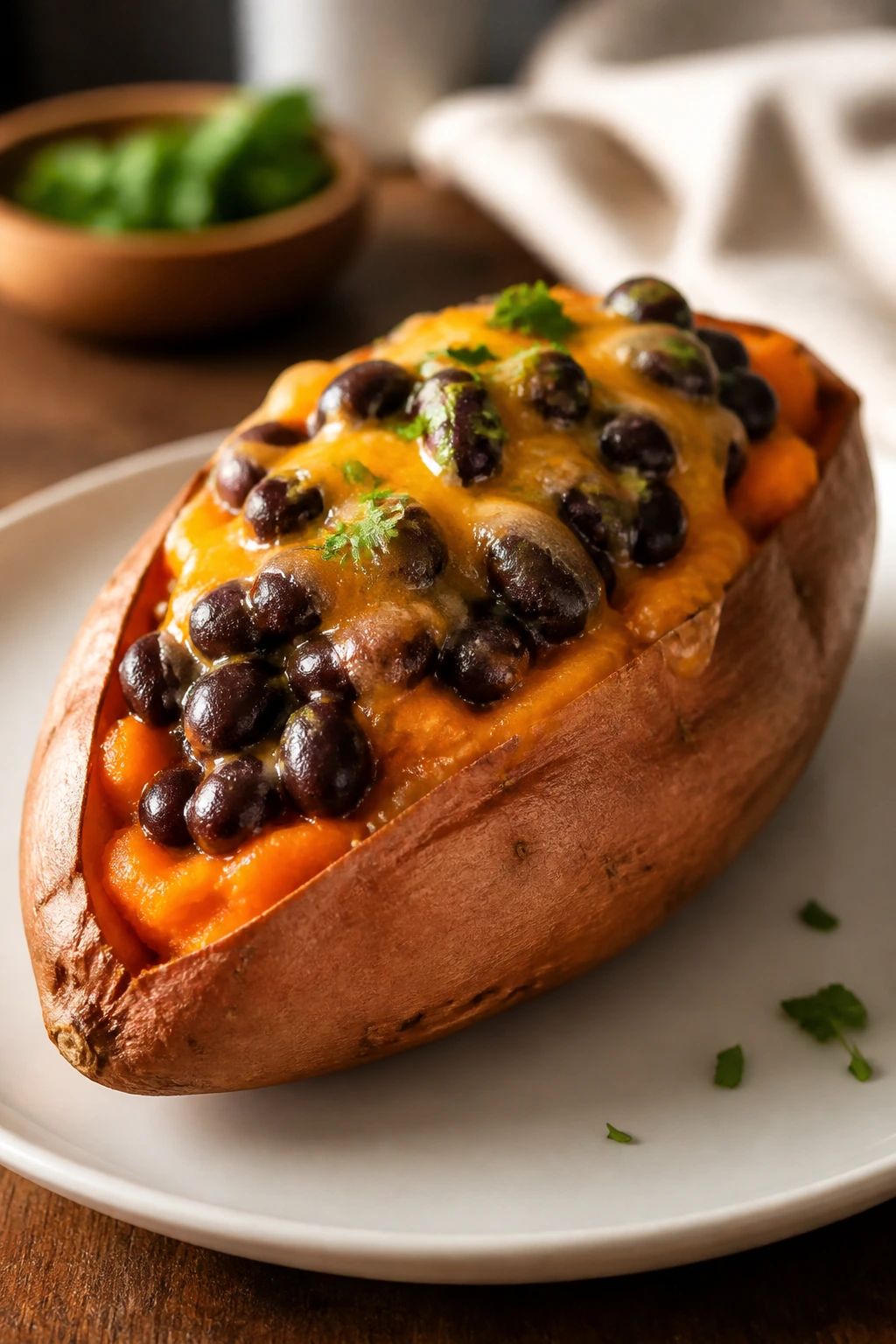 Stuffed sweet potato half topped with black beans and cheese