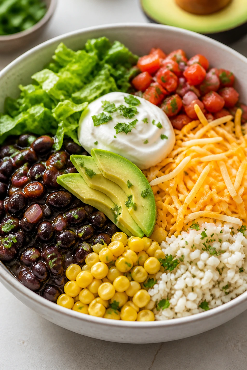 Colorful black bean taco bowl with rice and toppings