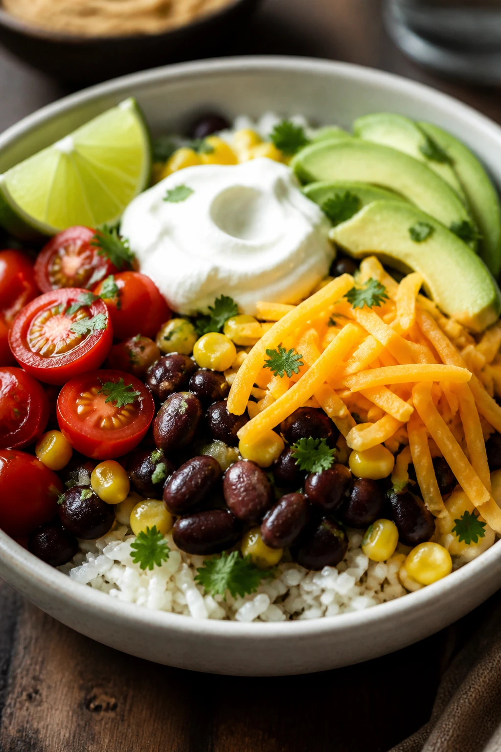 Close-up of a bowl with rice, beans, corn, tomatoes, cheese, and avocado