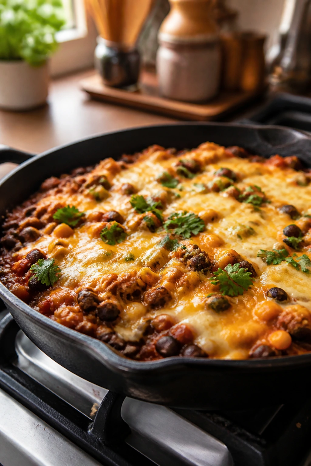 Close-up of black bean taco skillet with cheese