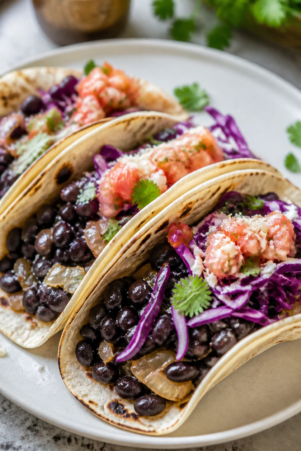 Close-up of black bean tacos with onions and cabbage on tortillas