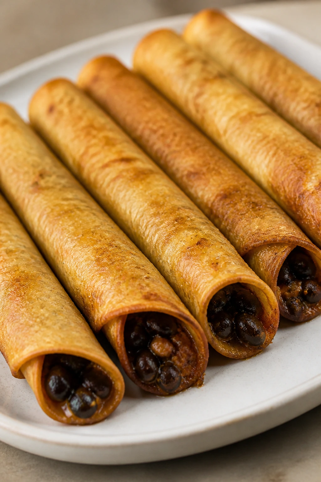 Crispy black bean taquitos on plate.
