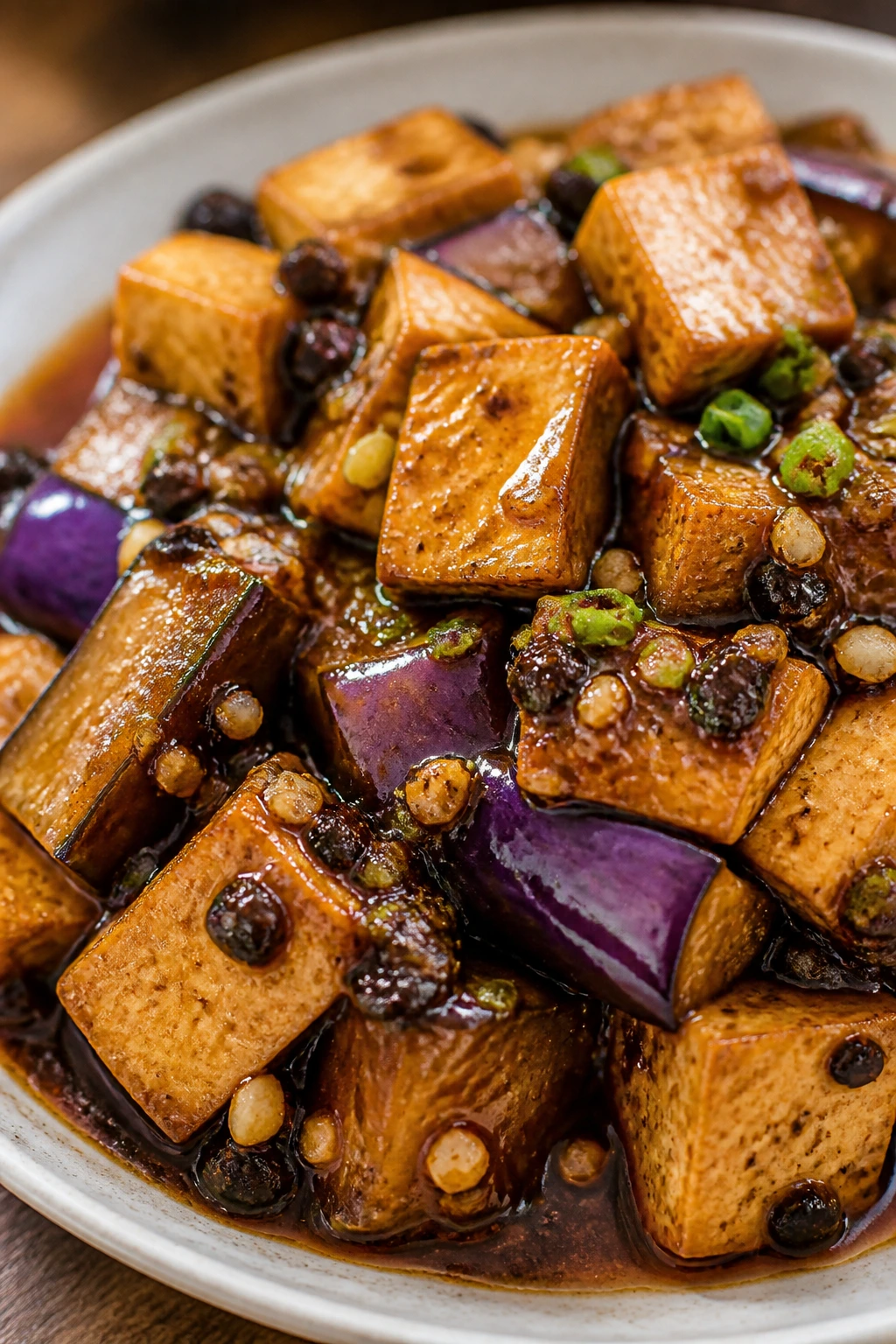 Tofu and eggplant in black bean garlic sauce on plate
