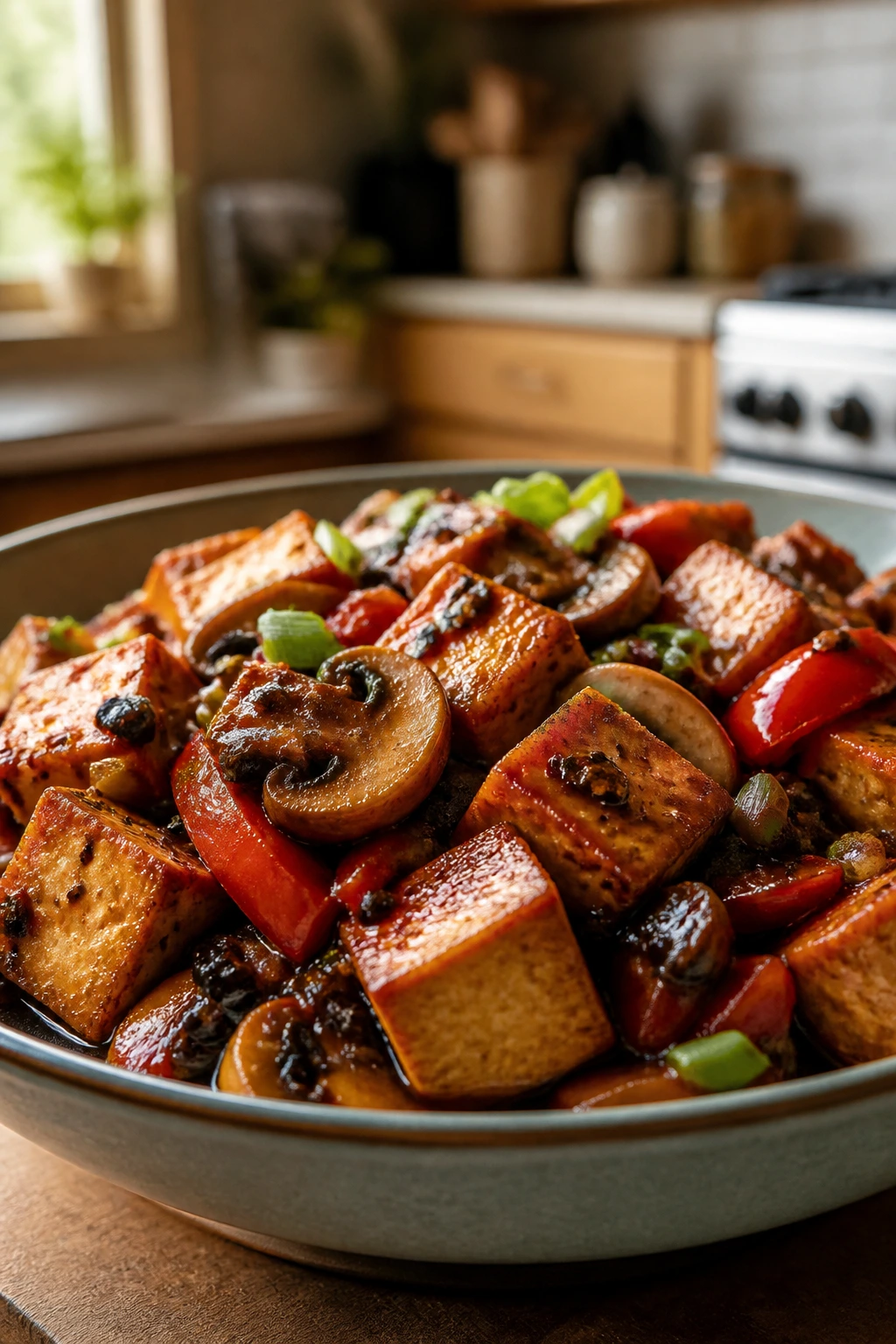 Tofu and mushrooms in black bean sauce over rice