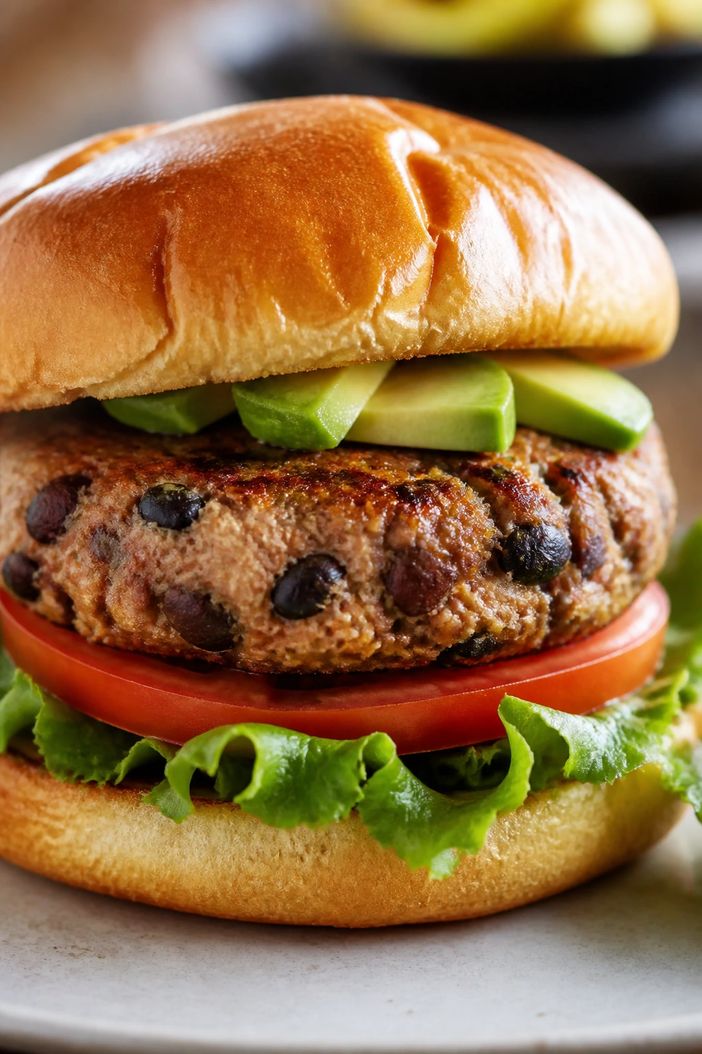 Turkey burger on bun with lettuce and tomato