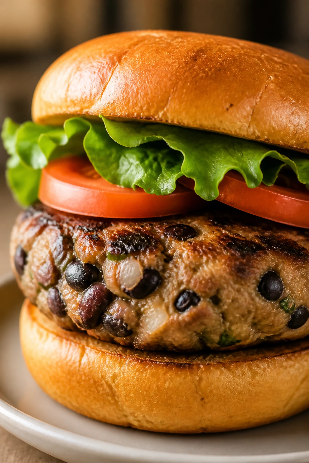 Turkey burger with black bean patty on bun with toppings