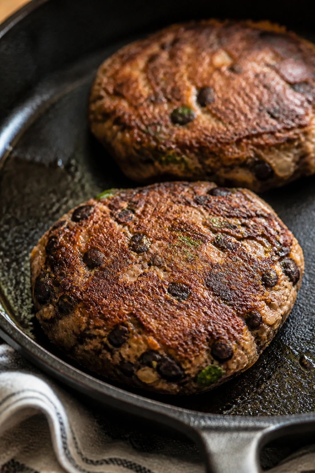 Two thick black bean turkey burger patties in skillet