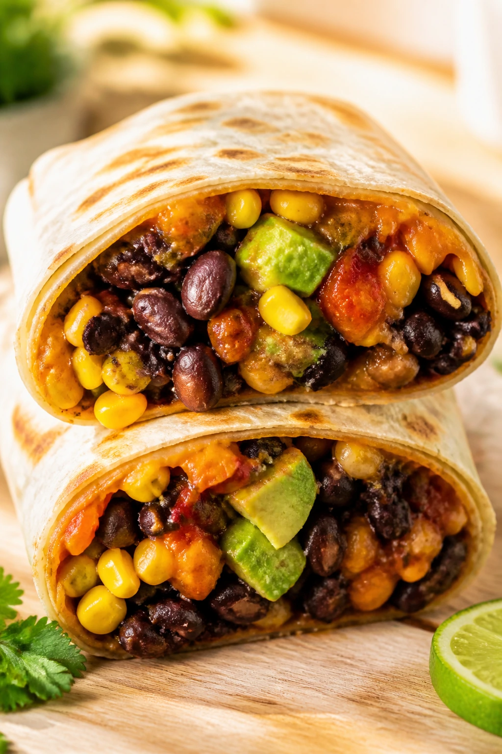 Close-up of black bean avocado southwest wrap halves with beans, corn, avocado and salsa