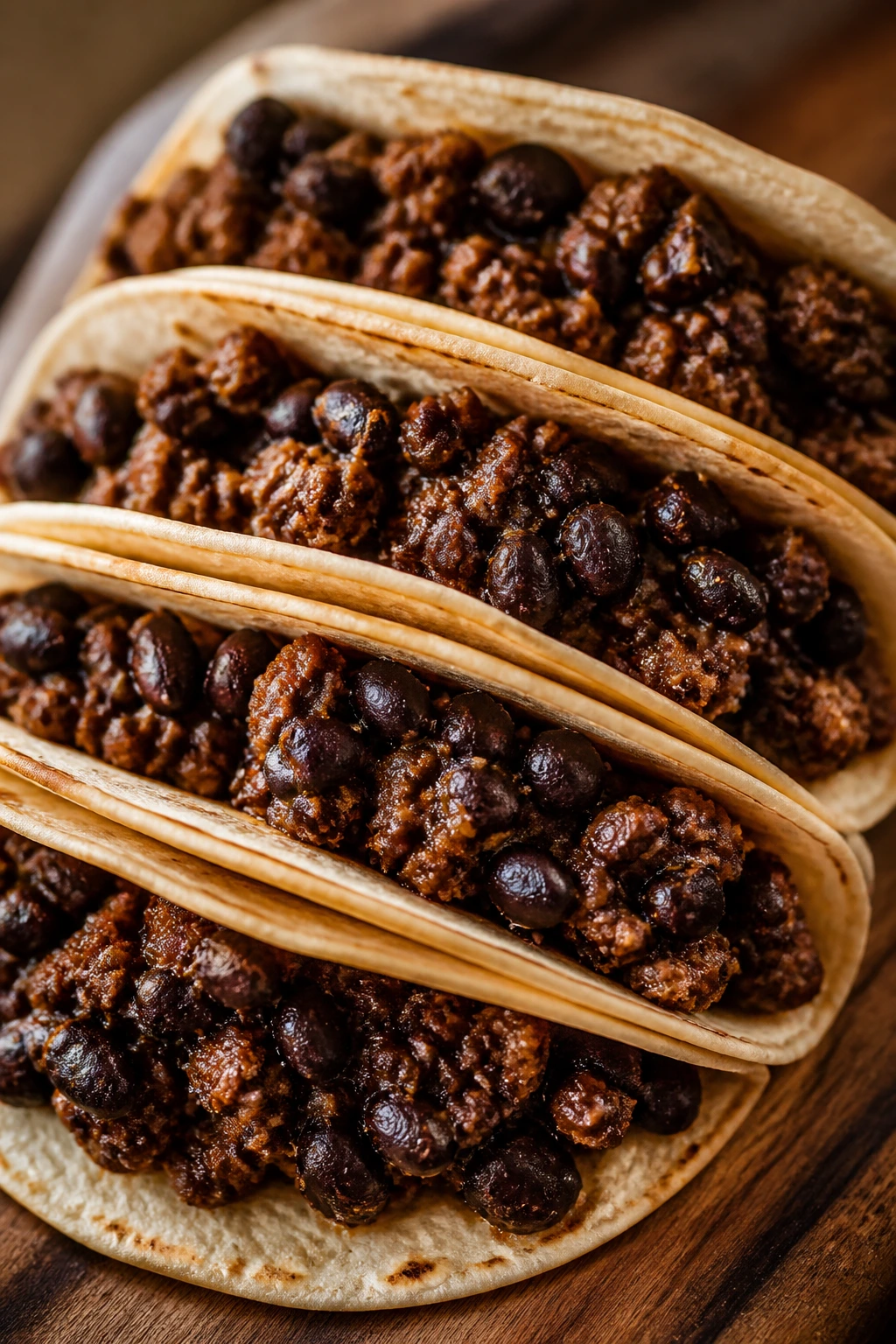 Close-up of Black Bean and Beef Tacos on a wooden board showing beef and beans