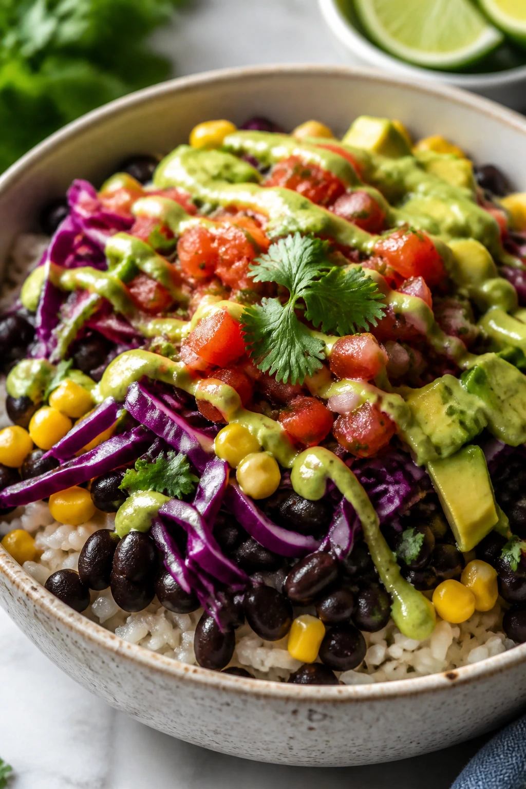 Close-up burrito bowl with rice, beans and salsa