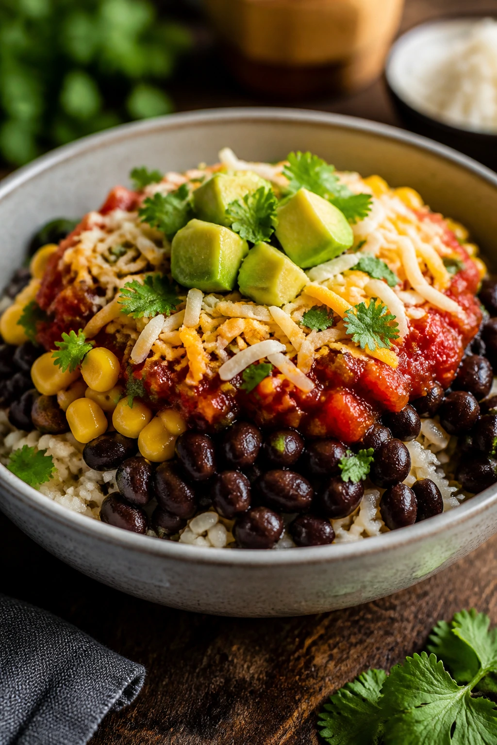 Bowl of black bean burrito bowl with rice and toppings