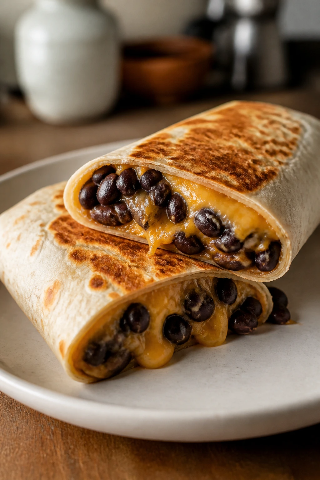 Burrito half-revealing black beans and cheese on a plate