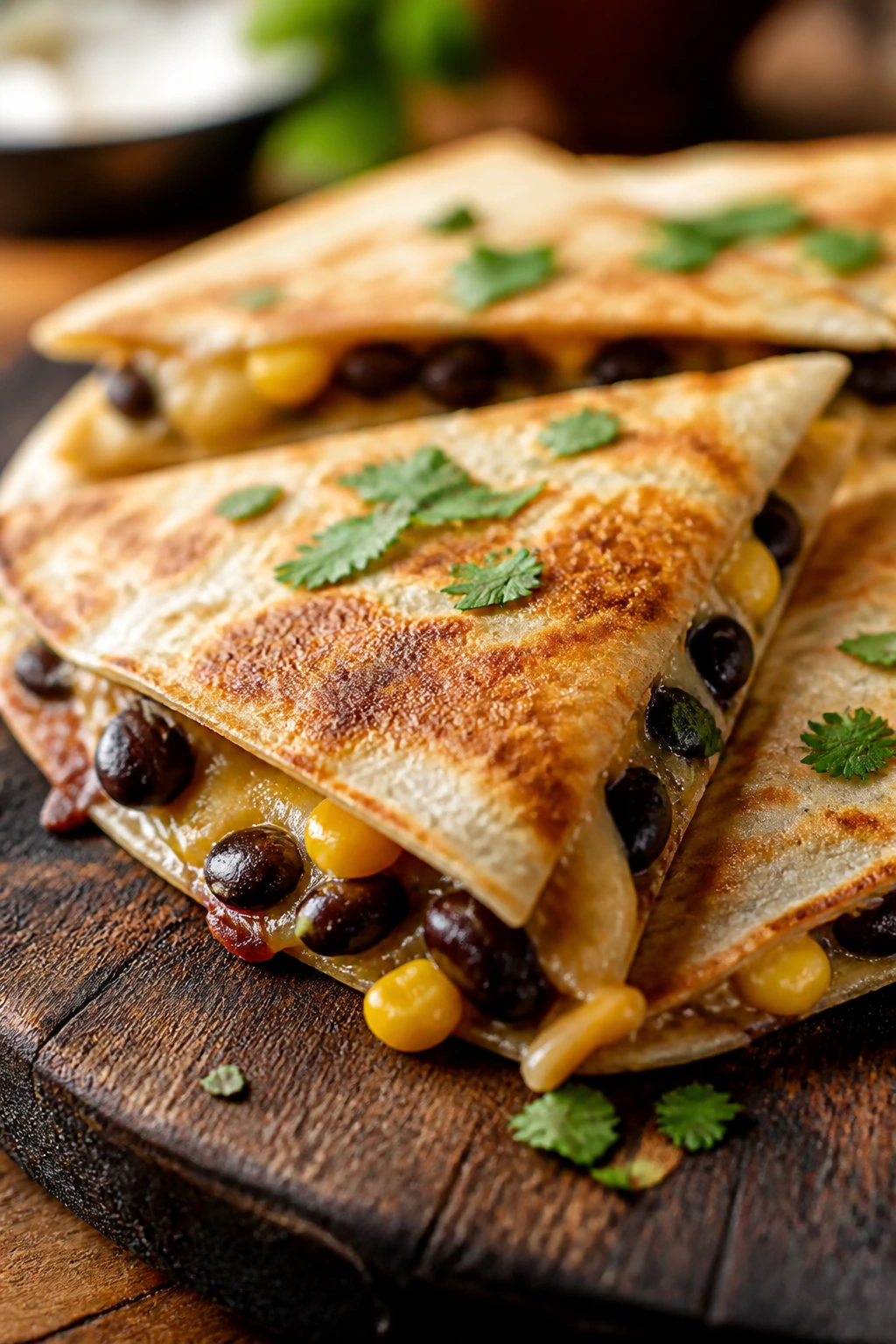 Crispy black bean quesadilla on a wooden board