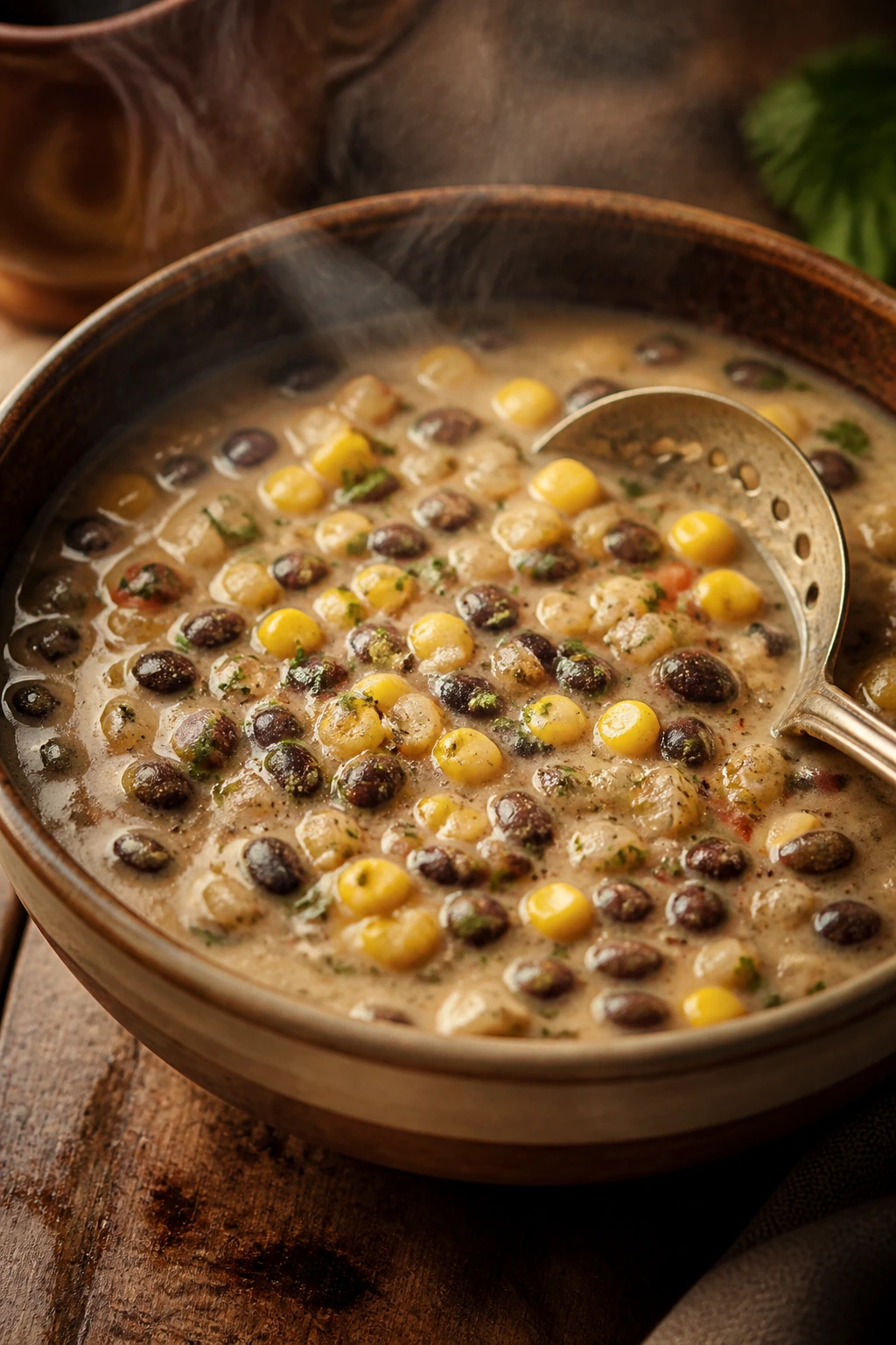 Close-up of Black Bean and Sweet Corn Chowder in a bowl on a wooden table