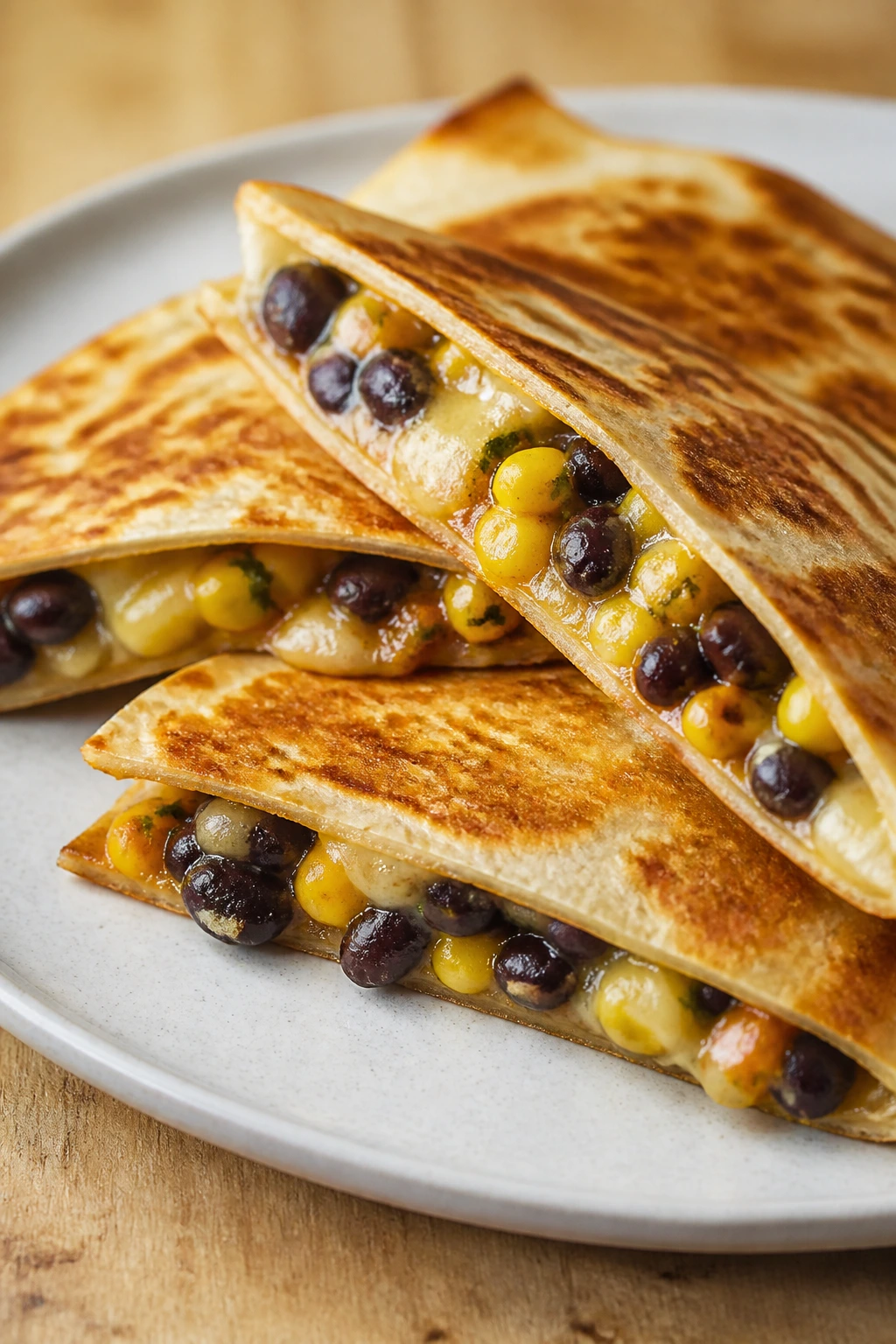 Crisp quesadillas with black beans and corn on a plate