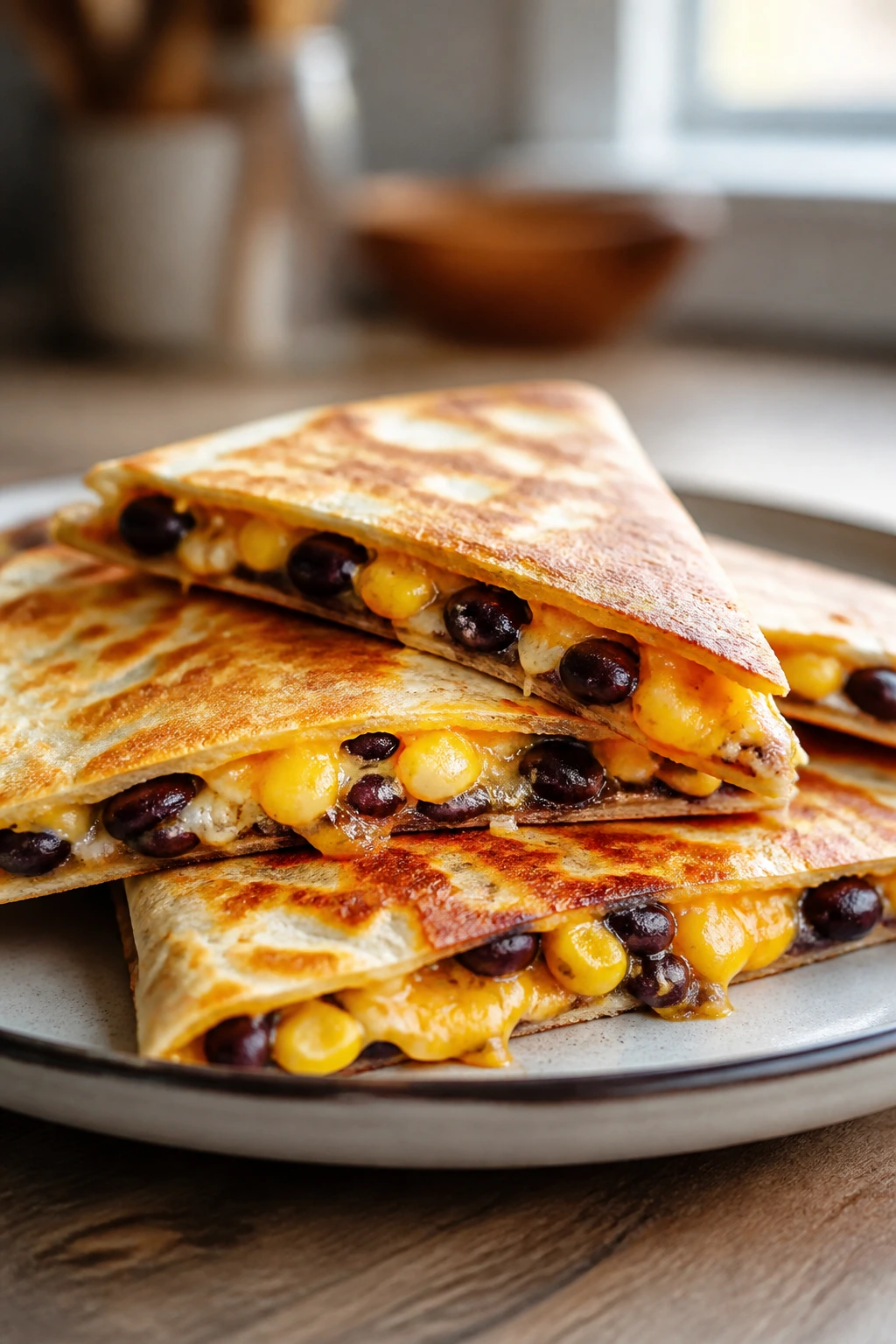 Quesadilla wedges showing black beans and corn