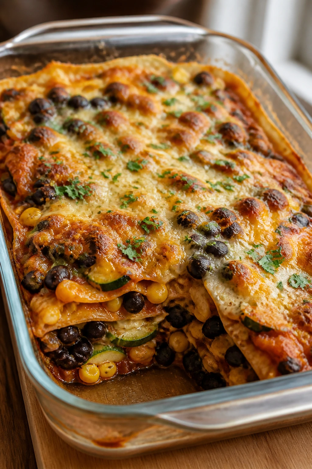 Close-up of layered black bean enchilada casserole in a baking dish