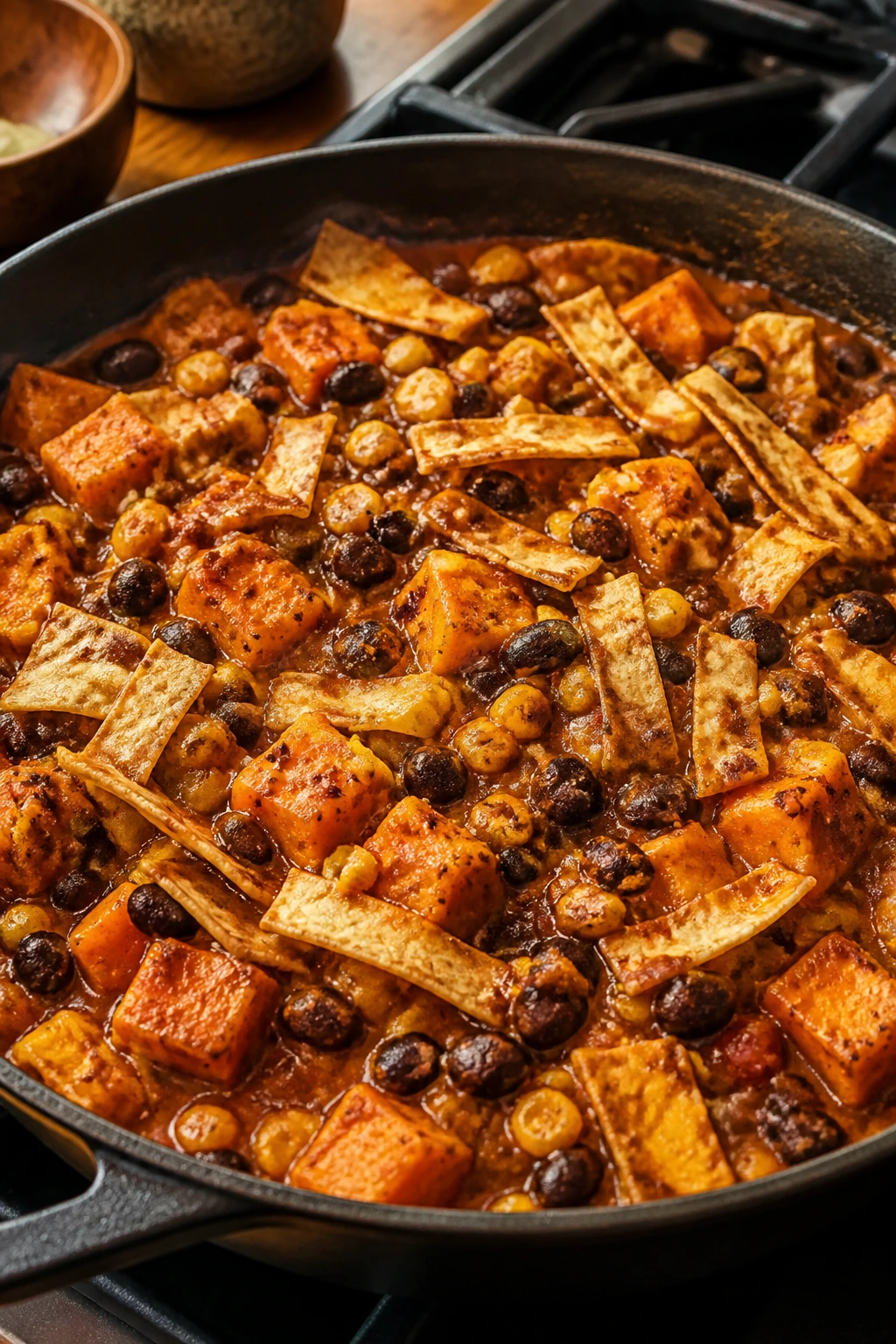 Close-up of a skillet with black beans, sweet potatoes and corn