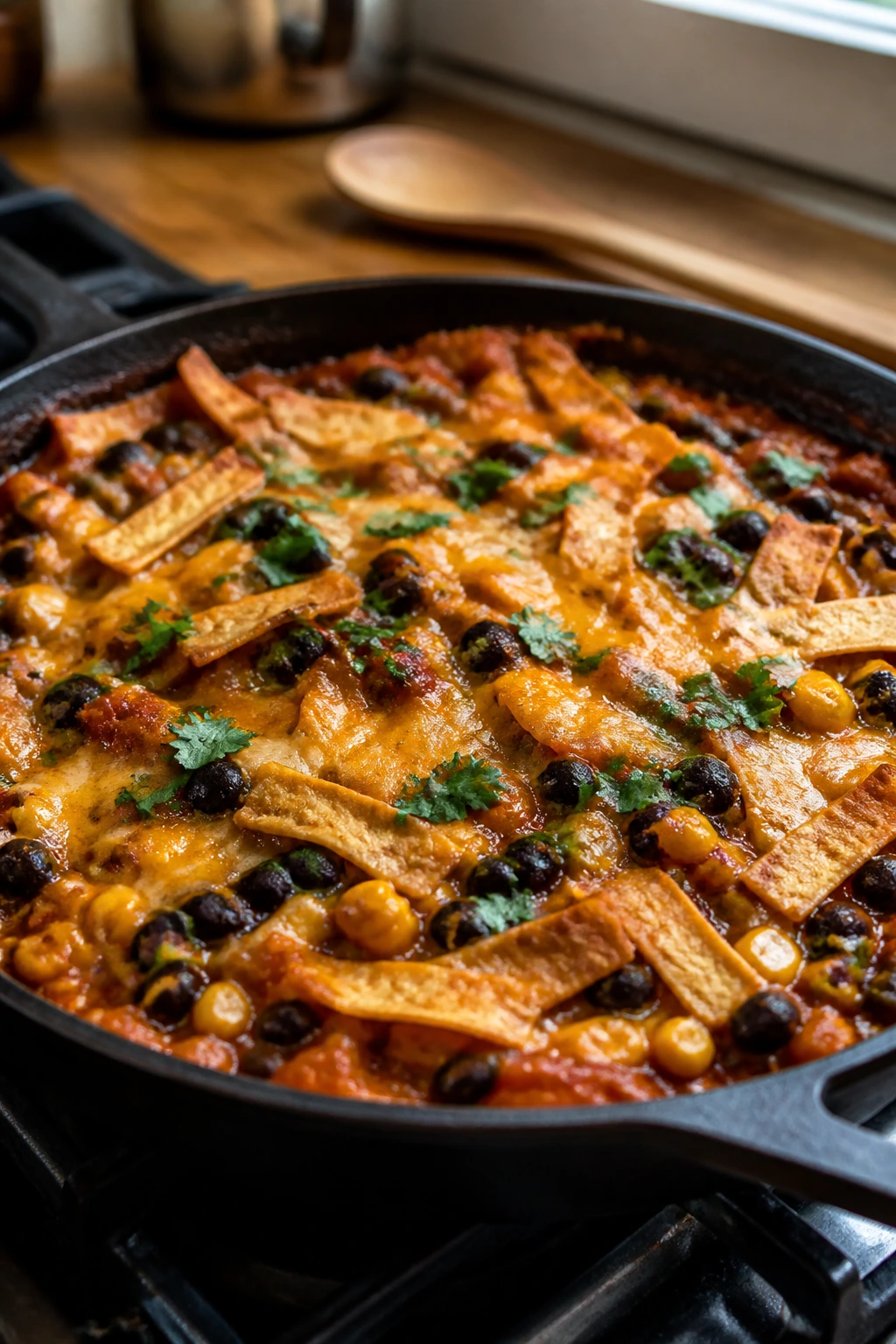 Close-up of a bubbling black bean enchilada skillet with melted cheese