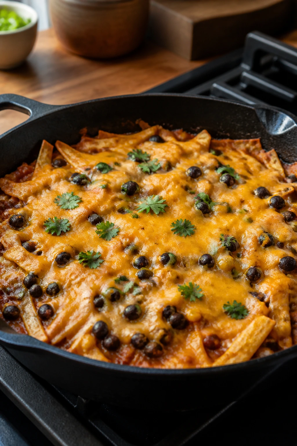 Close-up of a cast-iron skillet filled with black bean enchiladas, melted cheese, tortilla strips in a warm home kitchen