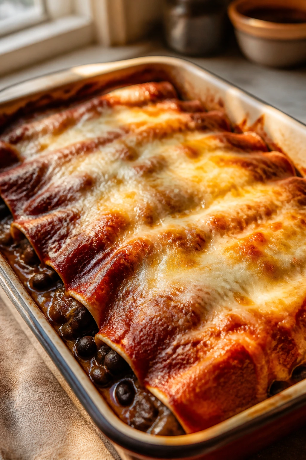 Close-up of bubbling black bean enchiladas in a baking dish on a warm kitchen counter