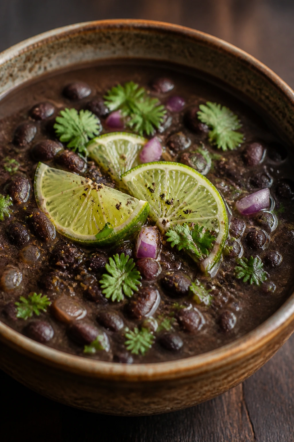 Close-up of thick black bean soup with rustic bowl