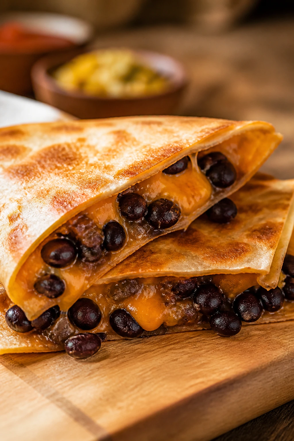 Close-up of a cheesy black bean quesadilla showing melted cheddar and filling