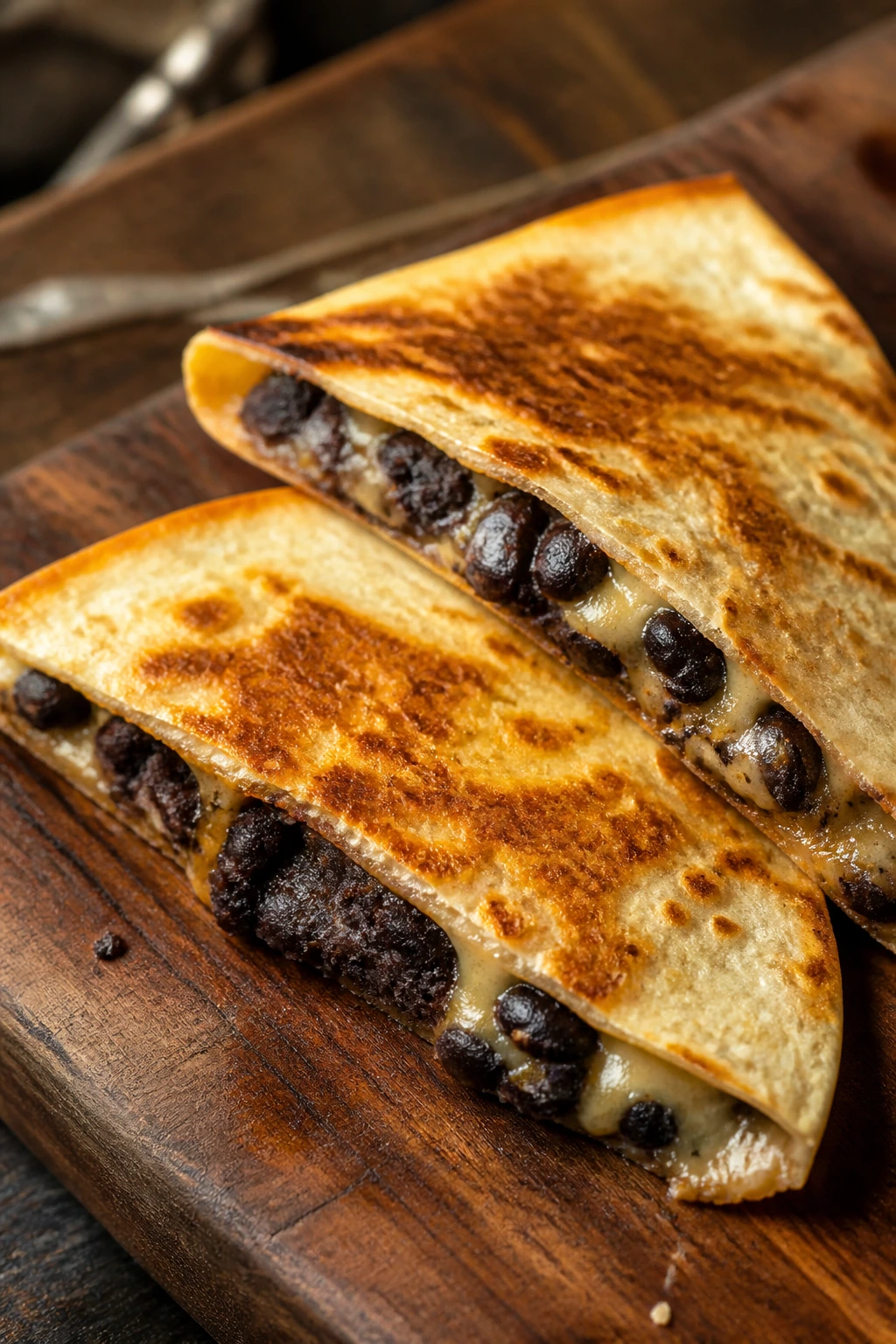 Close-up of crispy black bean quesadillas with melted cheese on a wooden board