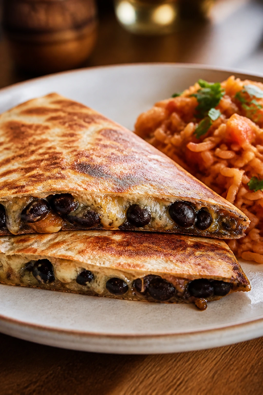 Quesadilla with black beans and cheese with salsa rice on plate.