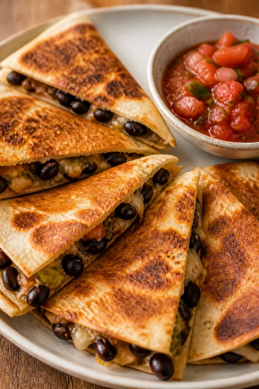 Close-up of black bean quesadillas with salsa on a plate