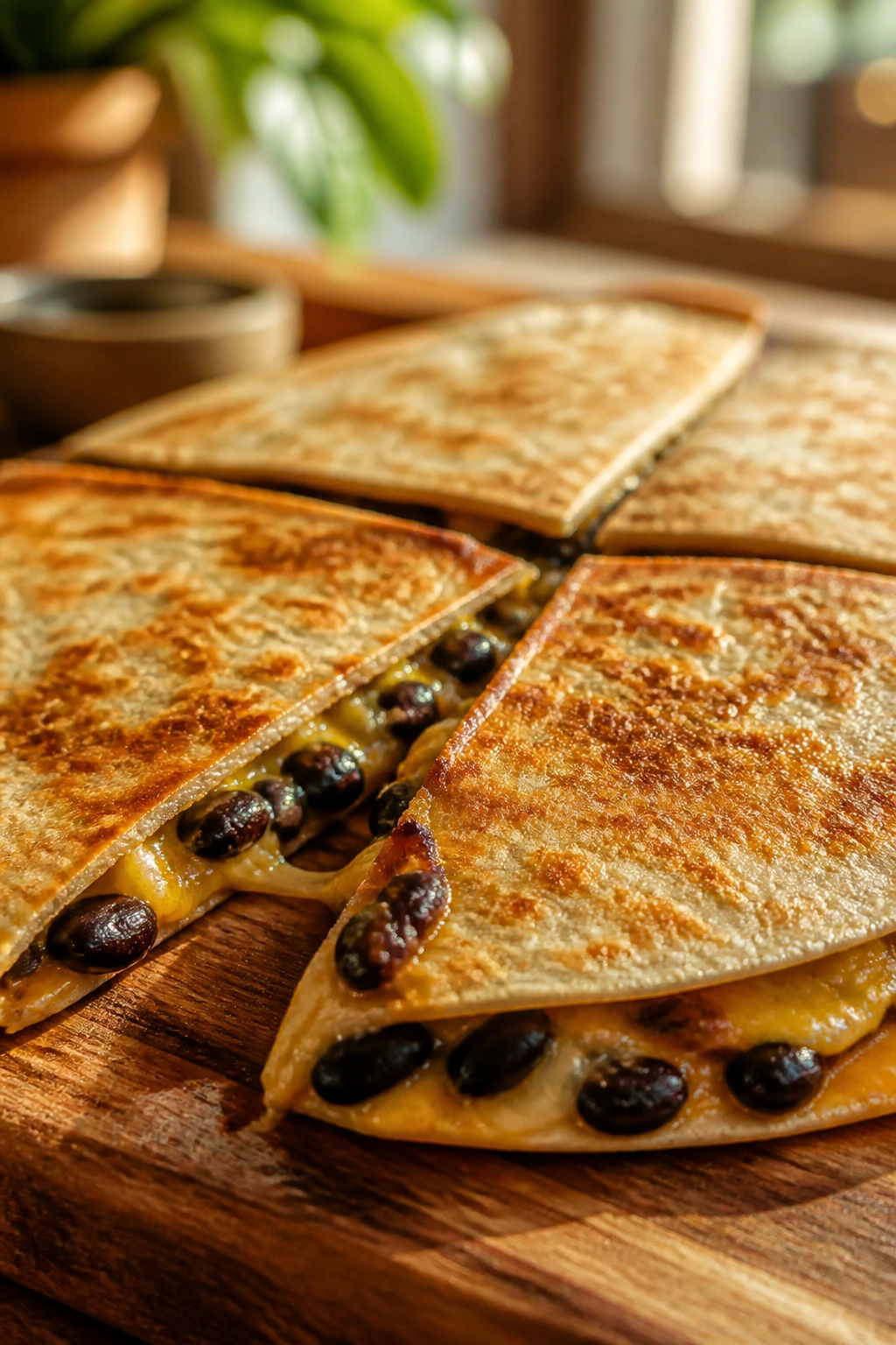 Close-up of crispy black bean and cheese quesadillas on a wooden board in a sunlit kitchen