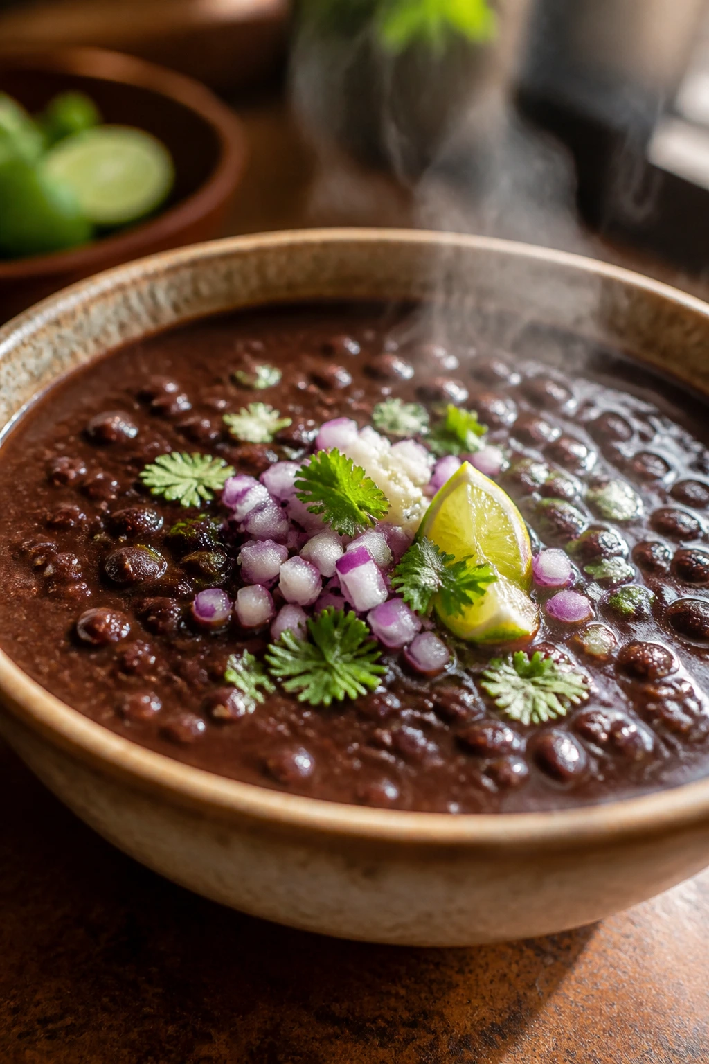 Close-up of velvety smoky black bean soup in a rustic bowl with steam