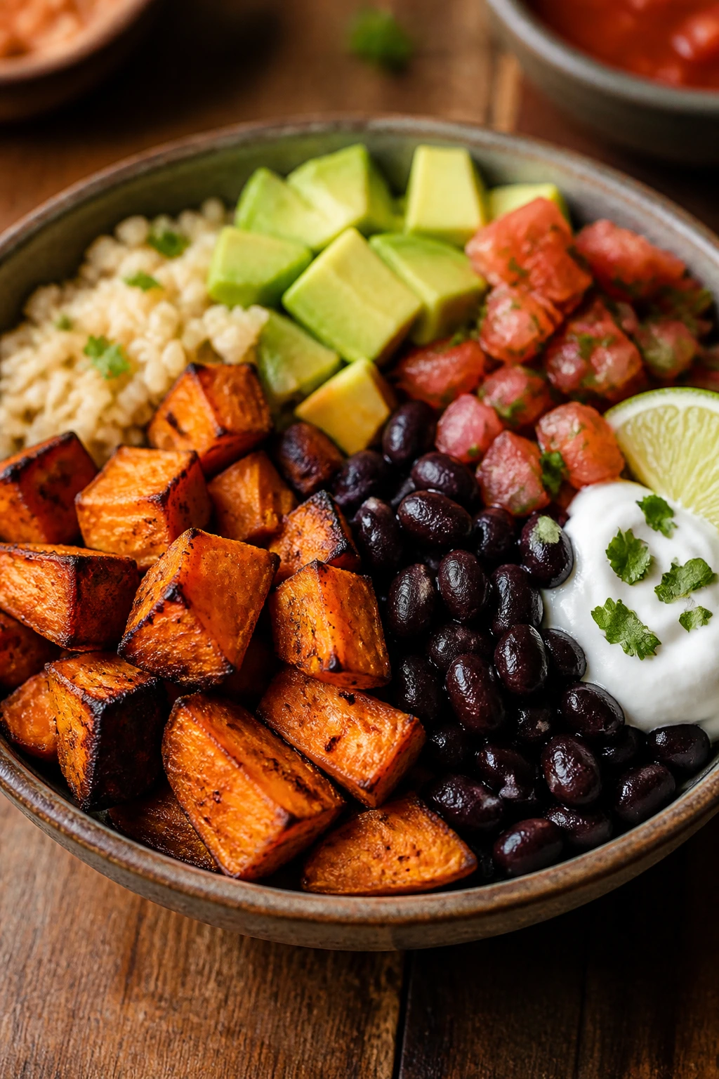 Burrito bowl with black beans, sweet potato, rice, and avocado.