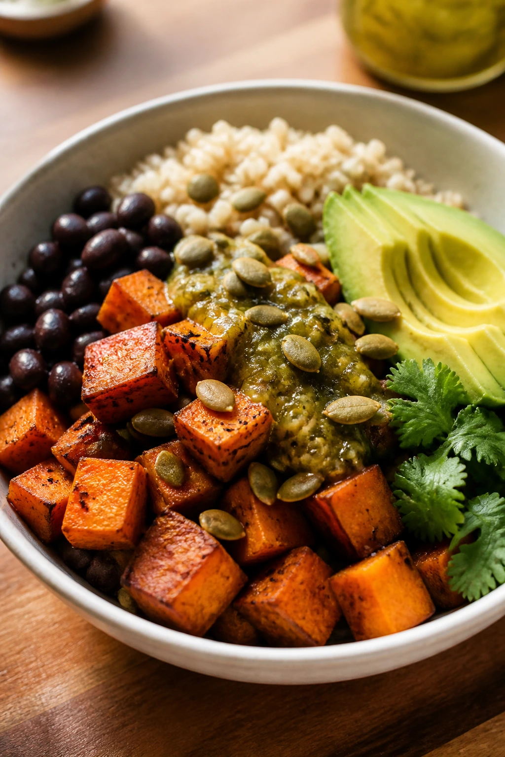 Close-up of Black Bean Sweet Potato Bowl with avocado and salsa verde in a home kitchen