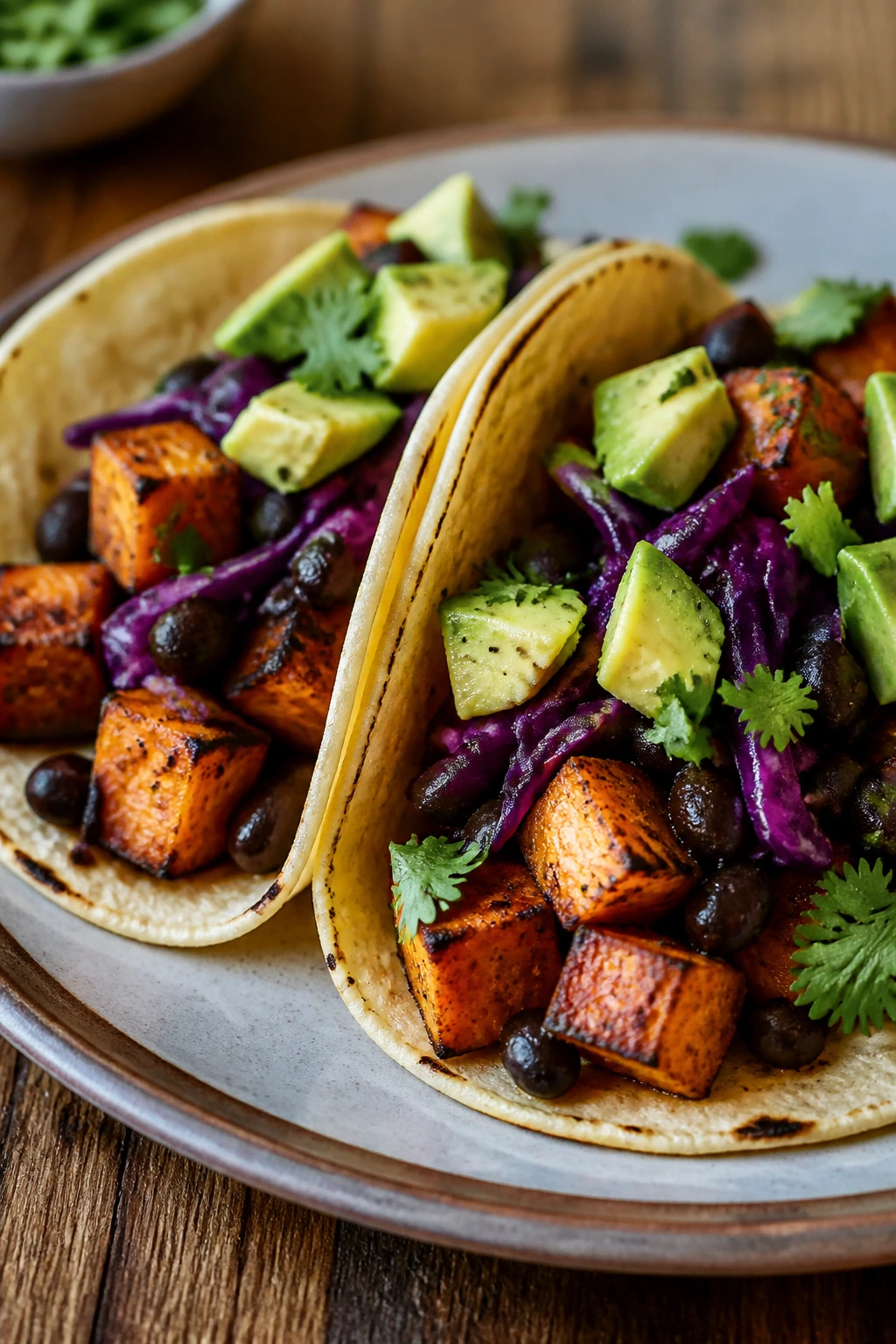Two tacos with sweet potatoes and black beans on a plate