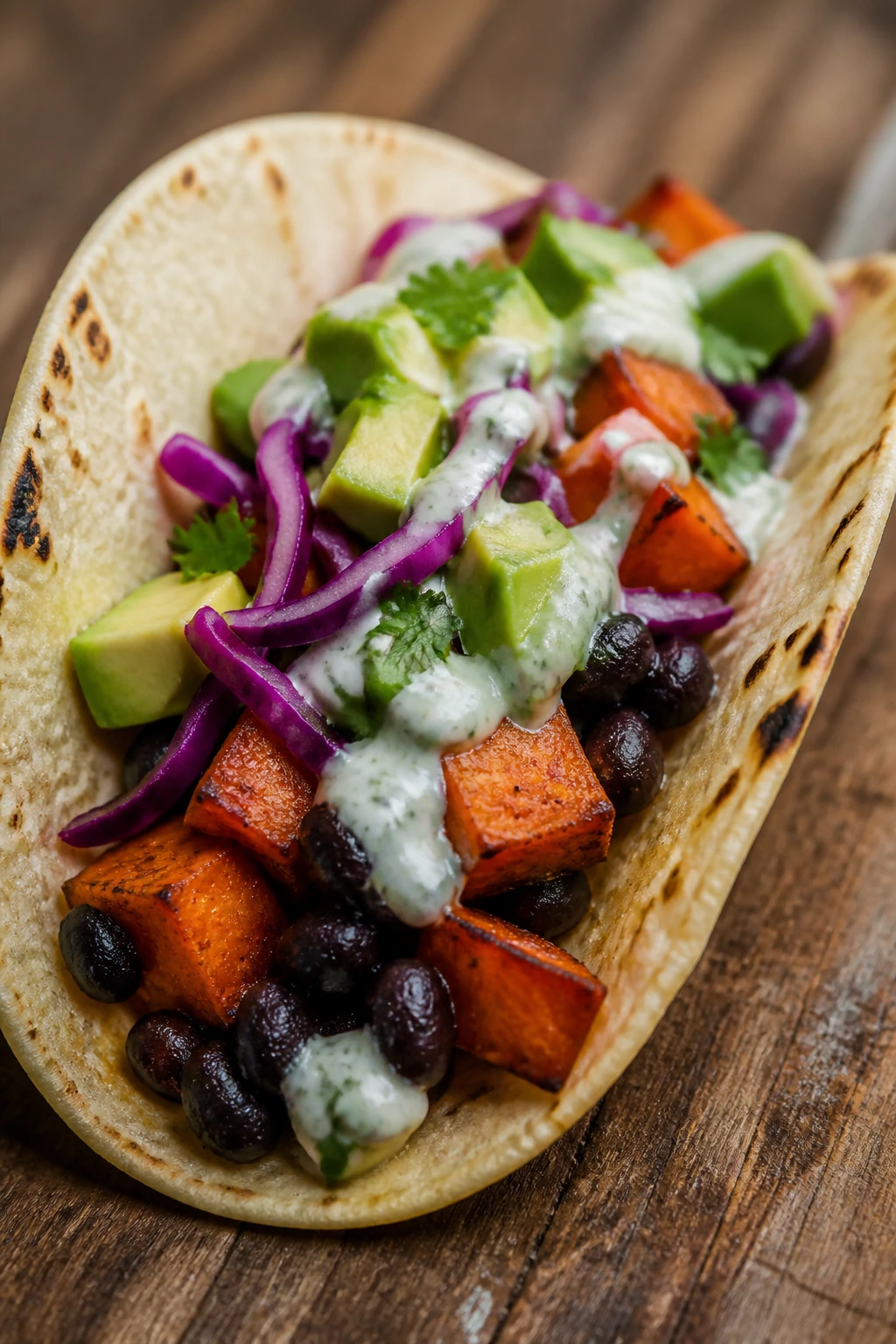Close-up of a black bean and sweet potato taco with avocado